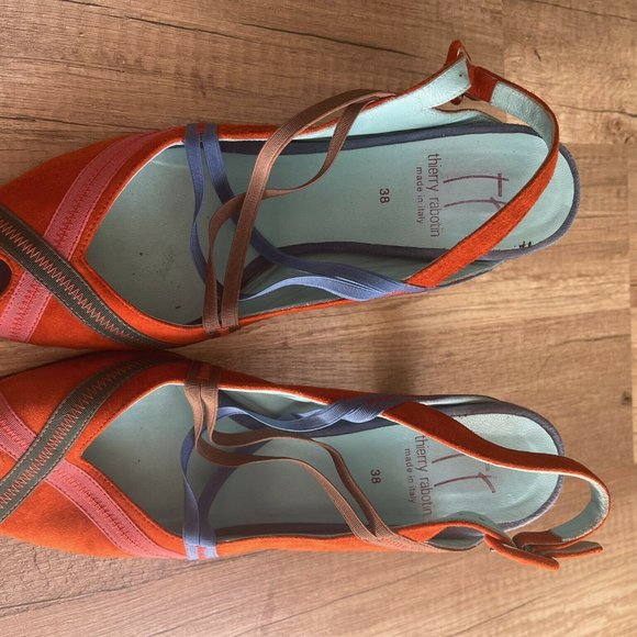 Thierry Rabotin Womens Orange Blue Peep Toe Cone Slingback Heel Sz US 7.5 EUR 38 - Picture 2 of 9